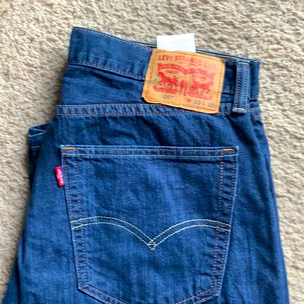 Levis 505 Mens Jeans 34x32 Regular Fit Straight Leg Dark Wash Blue Denim Casual